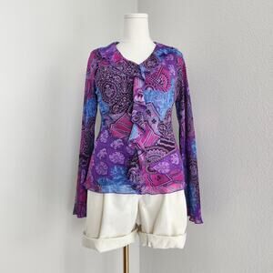 Vintage Y2K Coldwater Creek Purple Paisley Floral Blouse Ruffle V Neck Boho Top